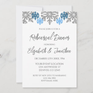 Silver Blue Snowflakes Winter Rehearsal Dinner Invitation
