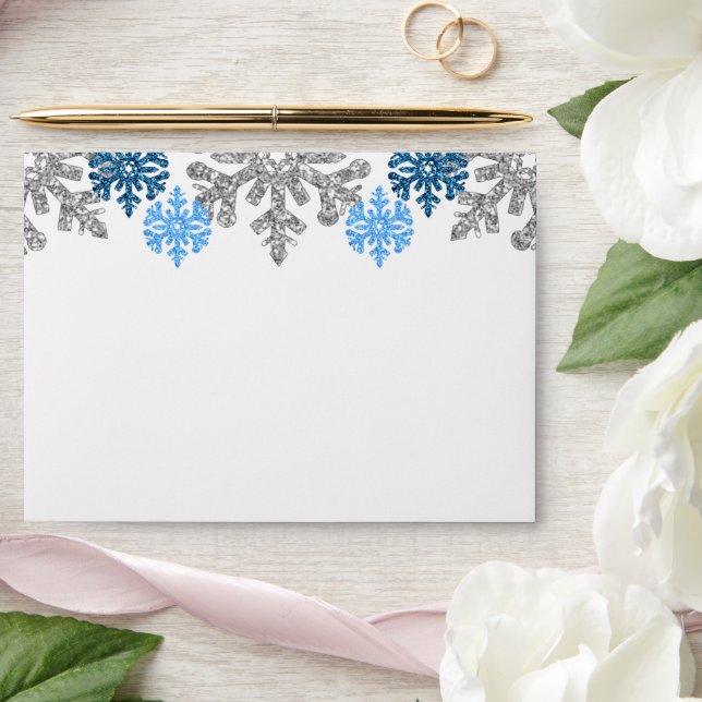 Silver Blue Snowflakes Winter Wedding Envelope (Wedding)