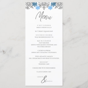 Silver Blue Snowflakes Winter Wedding Menu