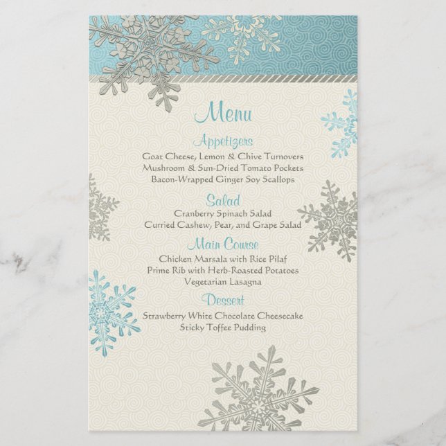 Silver Blue Snowflakes Winter Wedding Menu Card (Front)