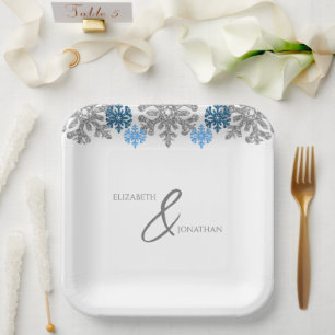 Silver Blue Snowflakes Winter Wedding Paper Plate