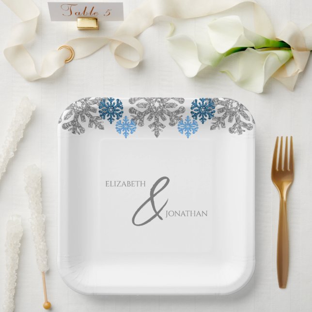Silver Blue Snowflakes Winter Wedding Paper Plate (Wedding)