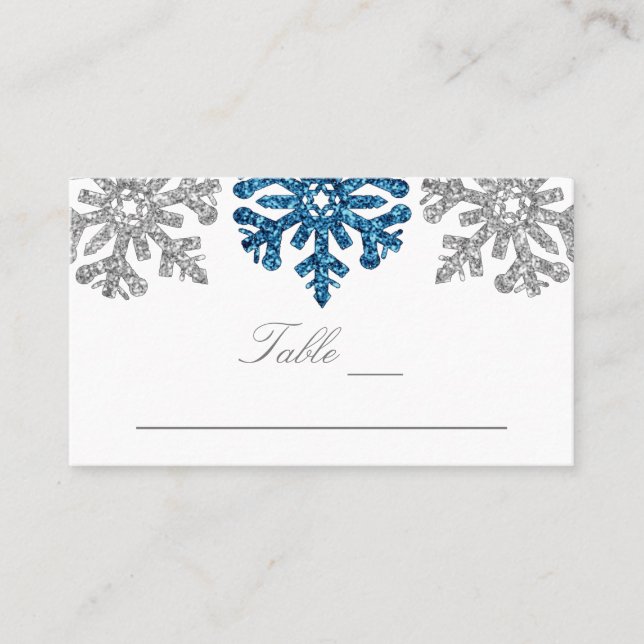 Silver Blue Snowflakes Winter Wedding Place Card (Front)