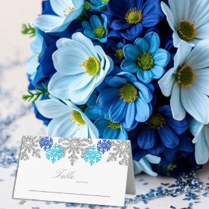 Silver Blue Snowflakes Winter Wedding Place Card