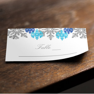 Silver Blue Snowflakes Winter Wedding Place Card