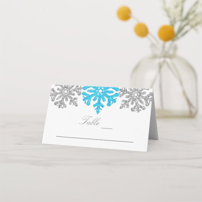 Silver Blue Snowflakes Winter Wedding Place Card (Front)