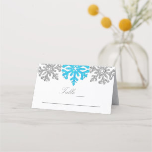 Silver Blue Snowflakes Winter Wedding Place Card