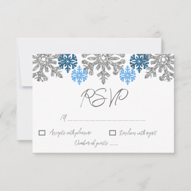 Silver Blue Snowflakes Winter Wedding RSVP Card (Front)