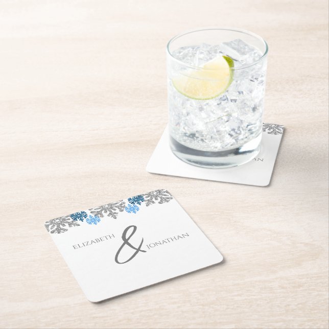 Silver Blue Snowflakes Winter Wedding Square Paper Coaster (Insitu)