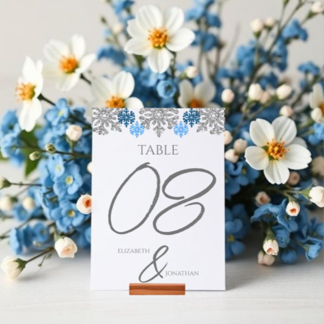 Silver Blue Snowflakes Winter Wedding Table Number (Creator Uploaded)