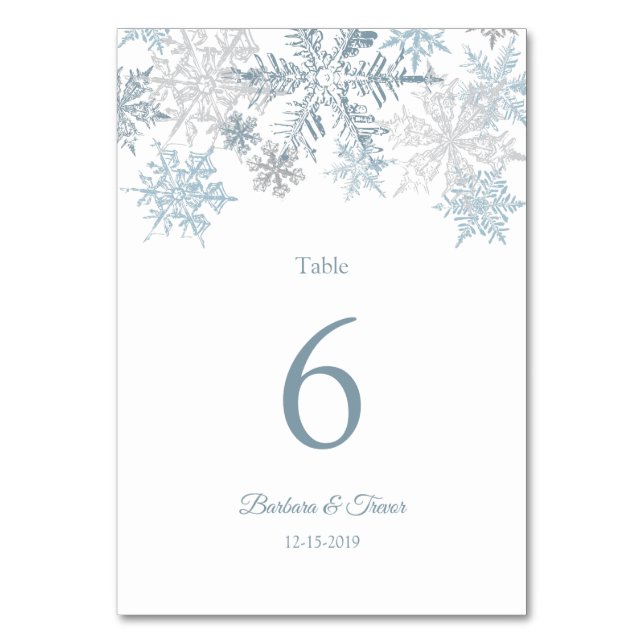 Silver Blue Snowflakes Winter Wedding Table Number (Front)