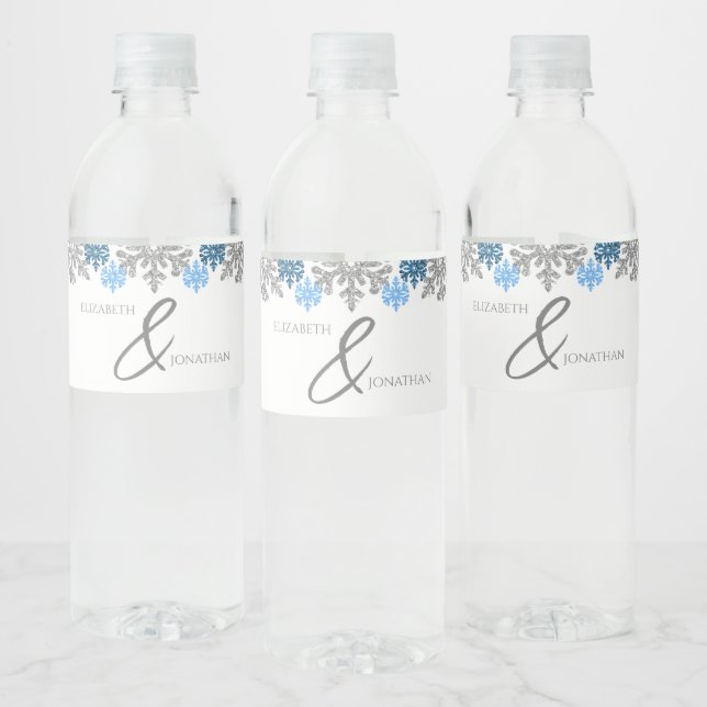 Silver Blue Snowflakes Winter Wedding Water Bottle Label (Bottles)