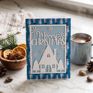 Silver Blue Snowman Faux Papercut Merry Christmas Foil Holiday Card