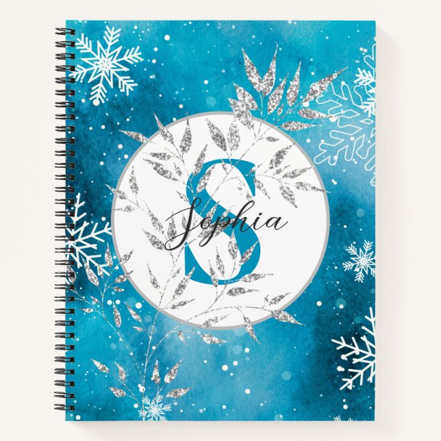 Silver Blue Sparkle Christmas Monogram Bullet Notebook (Front)