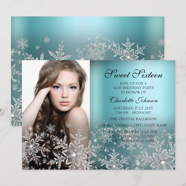 Silver Blue Sparkle Snowflake Photo Sweet 16 Invitation (Front/Back)