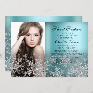 Silver Blue Sparkle Snowflake Photo Sweet 16 Invitation