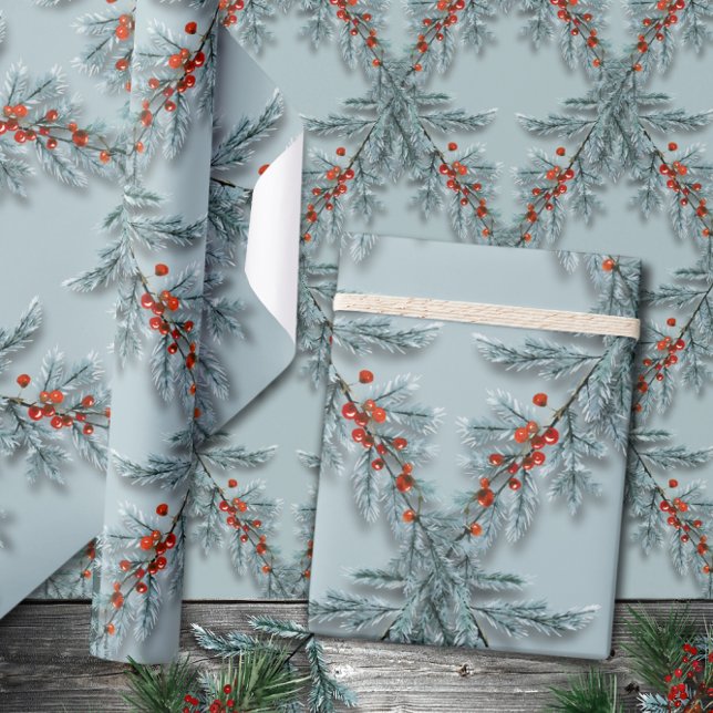 Silver Blue Spruce Red Berries Lattice Dusty Blue Wrapping Paper (Creator Uploaded)