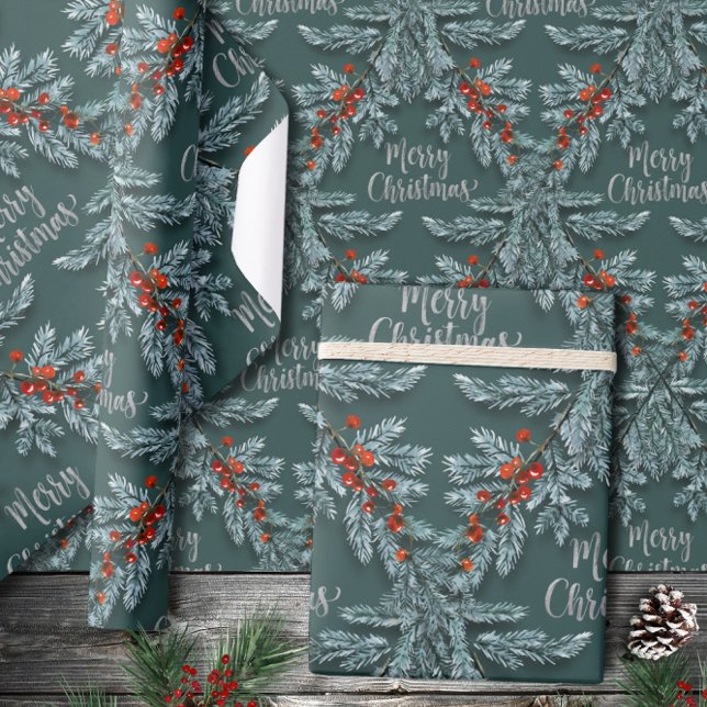 Silver Blue Spruce Red Berries Merry Christmas Wrapping Paper (Creator Uploaded)
