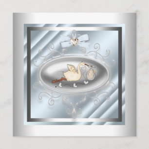Silver Blue Stork Baby Boy Shower Invitation