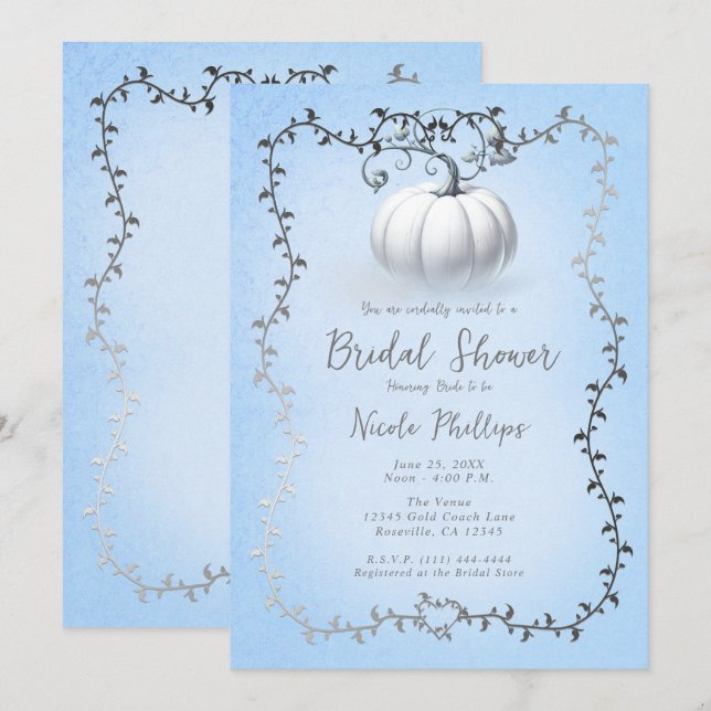 Silver & Blue Storybook White Pumpkin Bridal  Invitation (Front/Back)