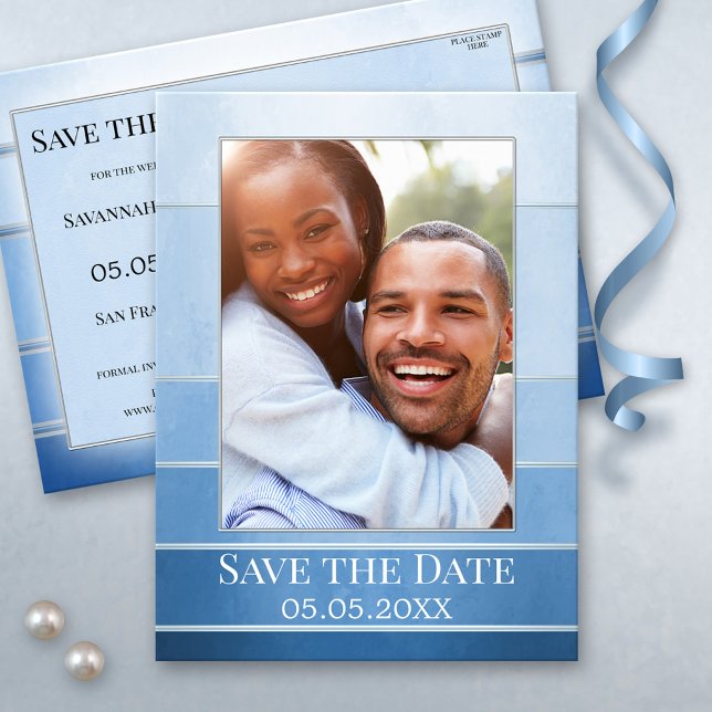 Silver Blue Striped  Photo Save the Date Announcement Postcard (Save the Date postcard featuring your own photo on a blue ton sur ton design with silver stripes)