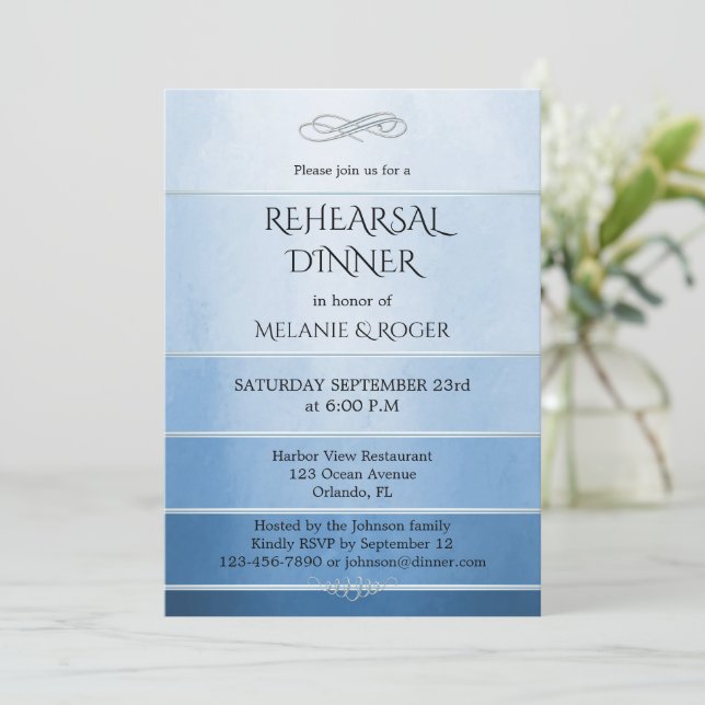 Silver Blue Striped Tone on Tone Rehearsal Dinner Invitation (Standing Front)