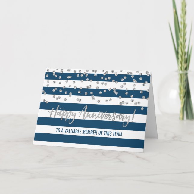 Silver Blue Stripes Employee Anniversary Card (Front)