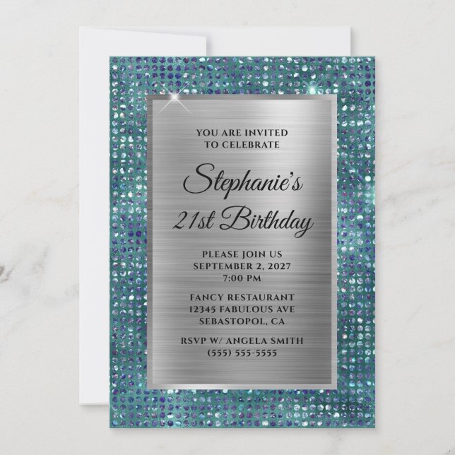 Silver Blue Teal Diamond Glam Foil 21st Birthday Invitation (Front)