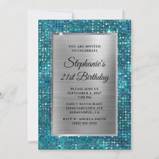Silver Blue Teal Diamond Glam Foil 21st Birthday Invitation