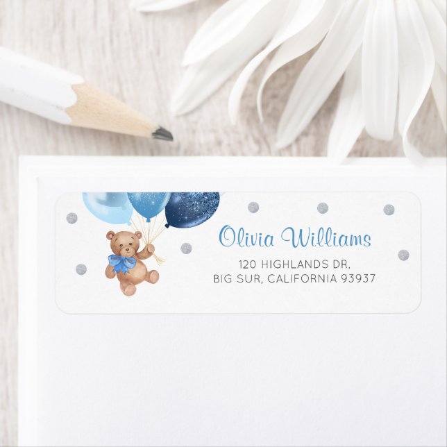 Silver Blue Teddy Bear Baby Shower Return Address (Insitu)