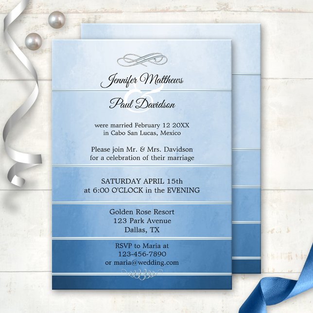 Silver Blue Tone on Tone Striped Post Wedding Invitation (After wedding invitation featuring a ton sur ton blue striped painted design with a silver lining)