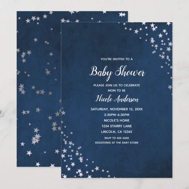 Silver & Blue Twinkle Stars Celestial Baby Shower Invitation (Front/Back)