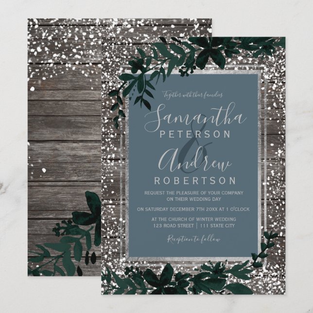 Silver blue typography leaf snow wood wedding invitation (Front/Back)