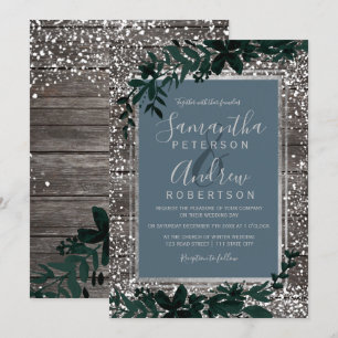 Silver blue typography leaf snow wood wedding invitation