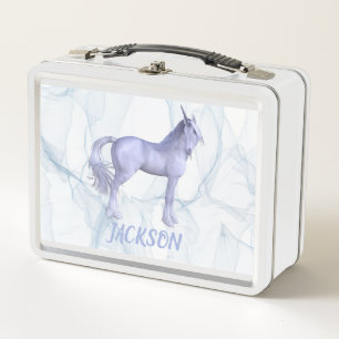 Silver- Blue Unicorn Metal Lunch Box