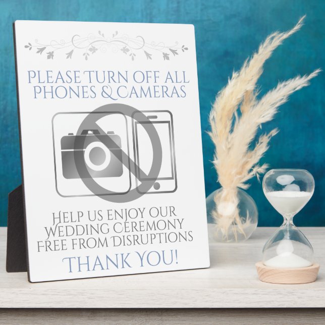 Silver & Blue Wedding No Phones or Cameras Sign Plaque (Side)
