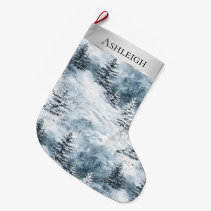 Silver Blue White Snow Trees Christmas   Large Christmas Stocking