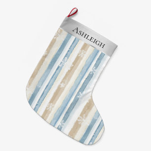 Silver Blue White Snowflakes Stripes Christmas   Large Christmas Stocking