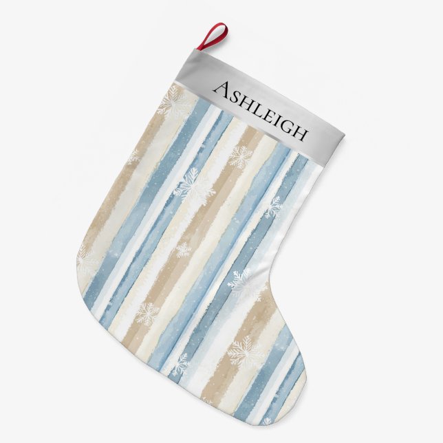 Silver Blue White Snowflakes Stripes Christmas   Large Christmas Stocking (Front (Hanging))
