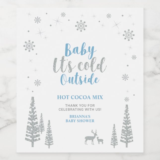 Silver & Blue Winter Baby Shower Favour Drink Mix Wine Label (Single Label)