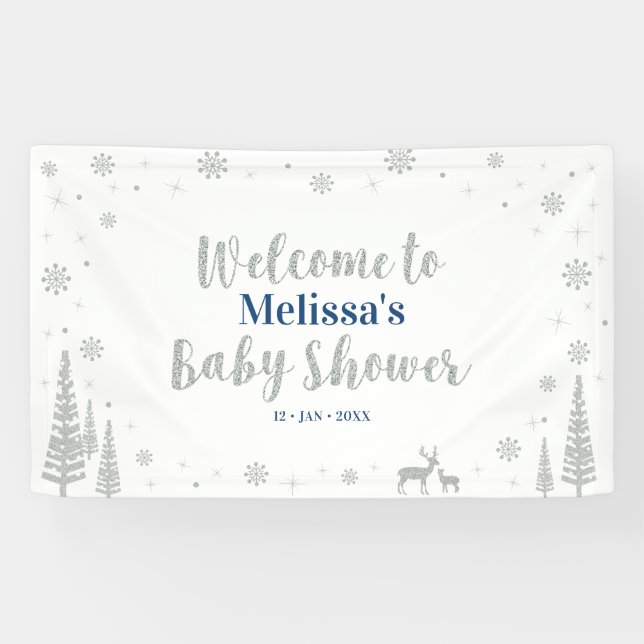 Silver & Blue Winter Boy Baby Shower Welcome Banner (Horizontal)