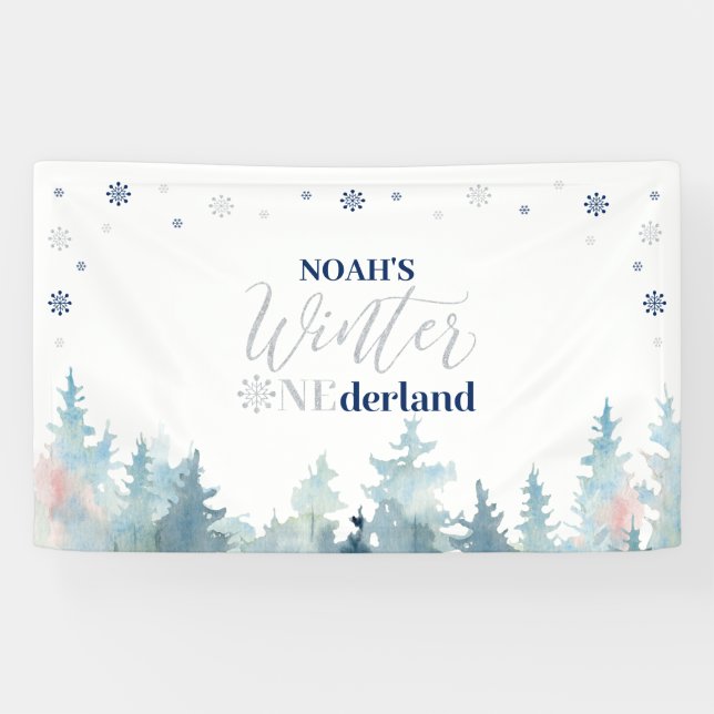 Silver & Blue Winter Onederland 1st Birthday Party Banner (Horizontal)