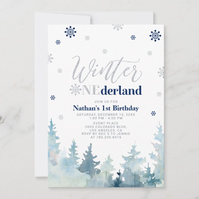 Silver & Blue Winter onederland 1st birthday party Invitation (Front)