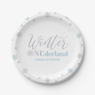 Silver & Blue Winter Onederland 1st Birthday Party Paper Plate