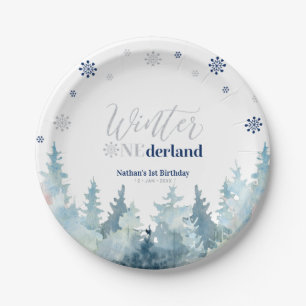Silver & Blue Winter Onederland Snow 1st Birthday  Paper Plate