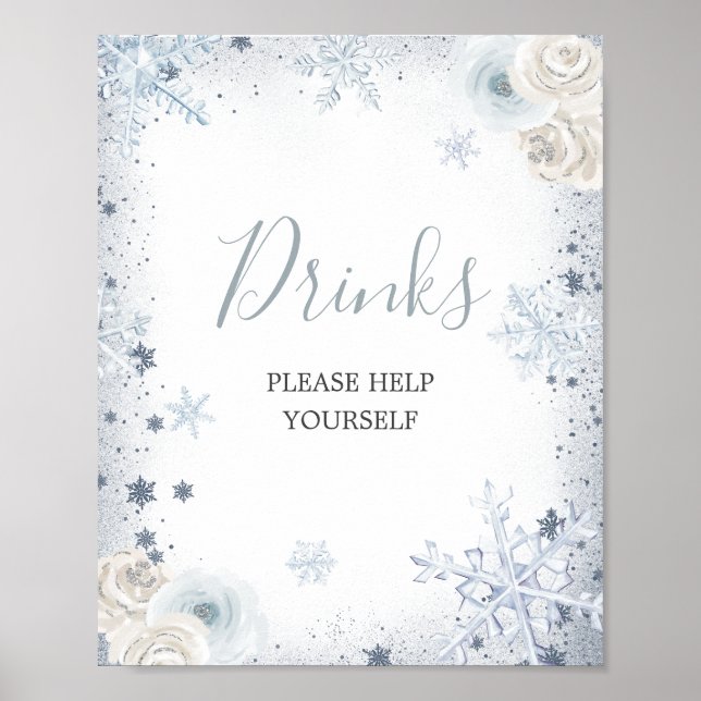 Silver Blue Winter Snowflake Bridal Shower Drinks Poster (Front)