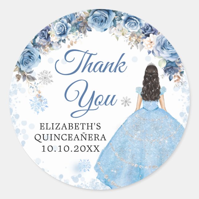 Silver Blue Winter Snowflake Mis Quince Thank You Classic Round Sticker (Front)