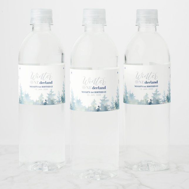 Silver & Blue Winter Wonderland 1st Birthday Party Water Bottle Label (Bottles)
