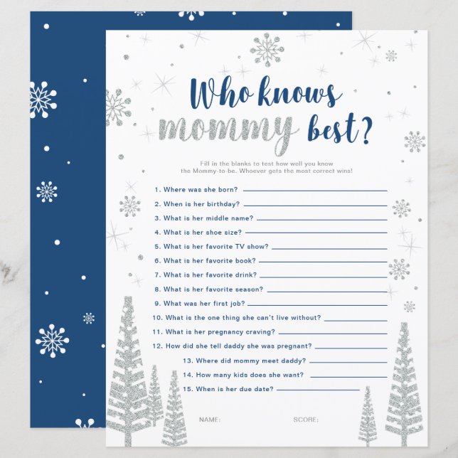 Silver & Blue Winter Wonderland Baby Shower Game (Front/Back)
