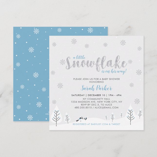 Silver & Blue Winter Wonderland Boy Baby Shower Invitation (Front/Back)